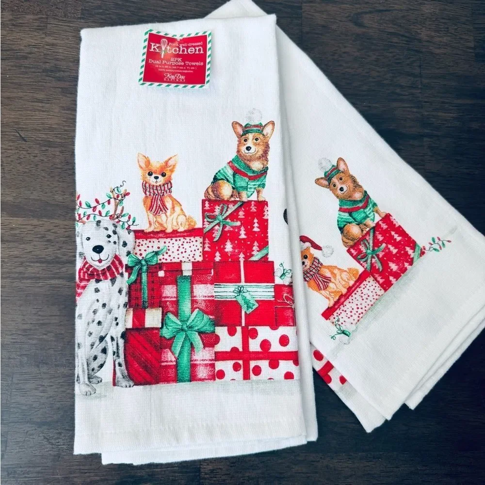 Christmas Dachshund Corgi Dogs Print Holiday Kitchen Dish Towels Set
